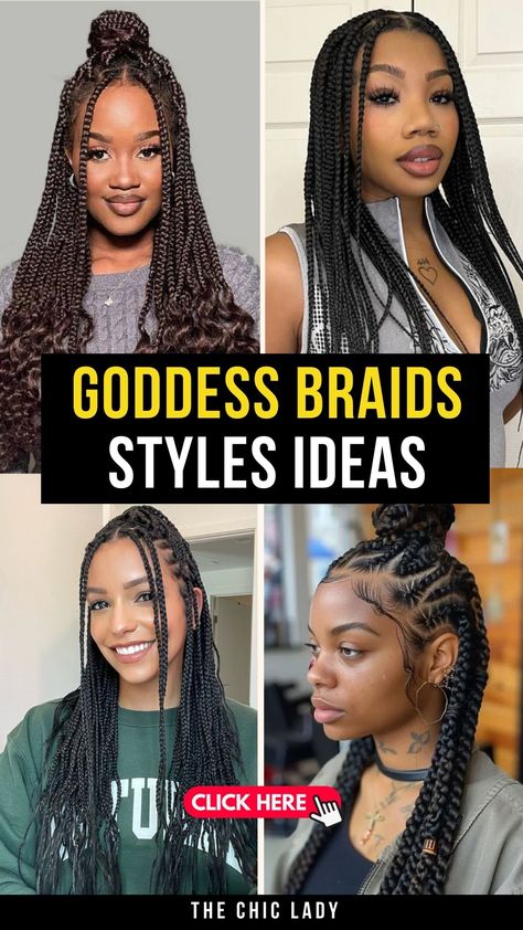 20 Beautiful Goddess Braids Hairstyles to Rock in 2024 African Braids Hairstyles Box Braids, Knotless Goddess Braids Medium, Goddess Braids Medium Size, Braids For 50 Year Old Black Women, Single Braids Styles, Goddess Braid Bun, Goddess Braid Ponytail, Goddess Braids Updo, Goddess Braid Styles