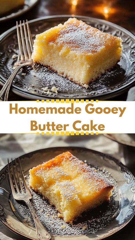 End your winter dinner on a high note with this homemade gooey butter cake! Its melt-in-your-mouth texture and golden crust make it an irresistible addition to any friendsgiving dinner recipe lineup. This easy-to-make dessert pairs perfectly with warm beverages, making it ideal for cozy winter meals. A simple, crowd-pleasing recipe for your holiday celebrations! Christmas Gooey Butter Cake, Butterscotch Sheet Cake, Mastros Butter Cake Recipe, Cozy Dessert Recipes, Butter Cake Recipe Moist, Butter Cake Gooey, Warm Butter Cake Recipe, Old Fashioned Butter Cake Recipe, Rich Butter Cake Recipe