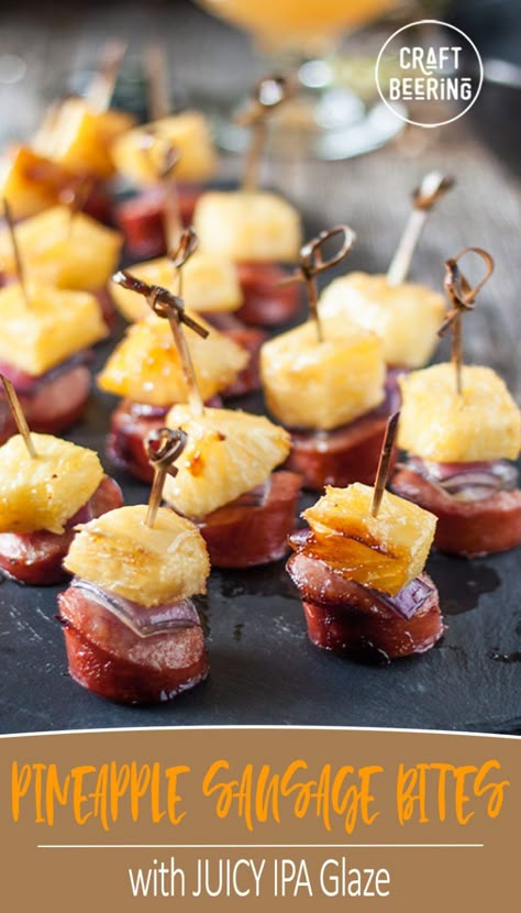 Appetizer For Outside Party, Red And Gold Appetizers, Figure Foods Parties Appetizers, Apps On A Stick, Wedding Appetizers Finger Foods, Manly Appetizers, Pineapple Sausage, Pineapple Appetizers, Sausage Bites