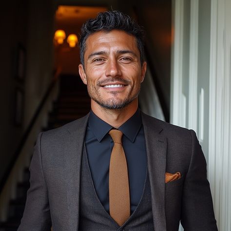 A brown tie paired with a black shirt? Now that’s a bold move. It’s all about mixing classic with modern, subtlety with edge. Don’t be afraid to stand out—own the contrast and make your suit game unforgettable. #MensStyle #BrownTie #BoldLooks #SharpDressedMan #SuitUp Black Suit With Brown Tie, Brown Suit, Suit Ideas, Brown Tie, Brown Suits, Sharp Dressed Man, Suit Up, Black Suit, Move It