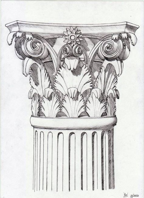 Corinthian Column Drawing, Pillar Drawings, Corinthian Capital, Architecture Antique, Architecture Drawing Presentation, 16 Tattoo, Architecture Drawing Sketchbooks, Greek Architecture, Ancient Greek Architecture