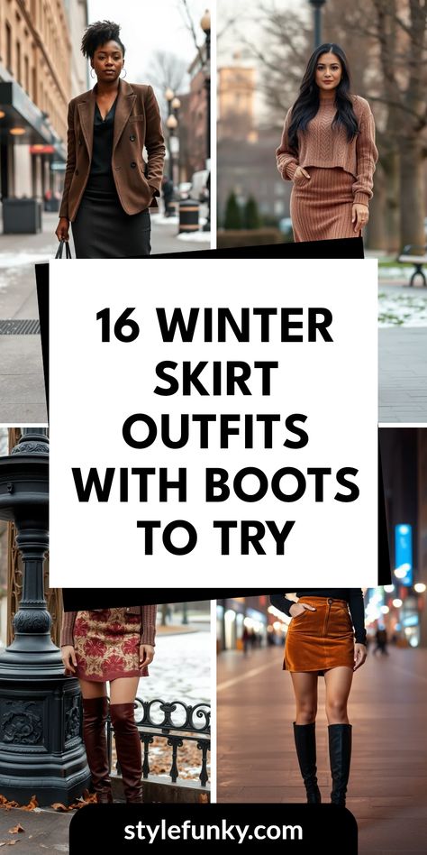 Are you ready to step up your winter fashion game? Discover 16 stylish winter skirt outfits with boots that will make you stand out! Whether you love a chic pencil skirt paired with ankle boots and a tailored blazer or prefer a knitted midi skirt with slouchy ankle boots and a cozy cropped sweater, there's a look for all styles. From vintage-inspired skirts combined with knee-high leather boots to modern suede mini skirts with heeled ankle boots, these combinations will keep you fashionable while staying warm this season. Sweater Midi Skirt Outfit Winter, Taupe Knee High Boots Outfit Winter, Style Mini Skirt Winter, Pencil Knit Skirt Outfit, Suede Pencil Skirt Outfit, Sweater With Pencil Skirt, Suede High Boots Outfit, Knee High Slouchy Boots Outfit, Bodysuit And Mini Skirt Outfit