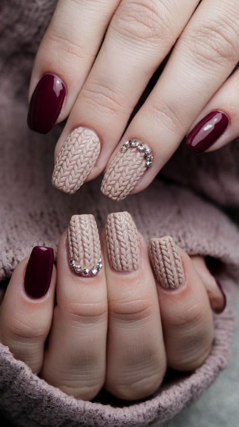 Sweater Nail Pattern, Knitted Sweater Nails, Autumn Sweater Nails, Cozy Sweater Nails, Burgundy Sweater Nails, Hot Cocoa Nails, Knitting Nails, Sweater Nails Fall, Texture Nails