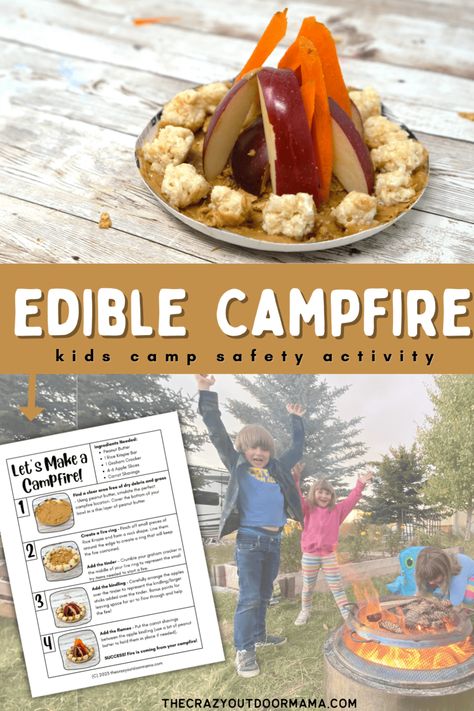 campfire made from food with recipe card and safety activity for kids Camping Week Preschool Activities, Camping Themed Snacks, Edible Campfire, Camping Food Ideas For Kids, Campfire Safety, Camping Week, Camping Activites For Kids, Classroom Camping, Camping Craft