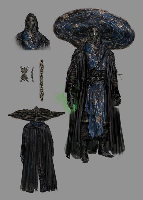 Bloodborne Character Design Concept Art, Elden Ring Armor Concept Art, Fromsoftware Concept Art, Elden Ring Character Creation, Elden Ring Armor Sets, Sorcerer Concept Art, Elden Ring Fashion, Elden Ring Magic, Elden Ring Design