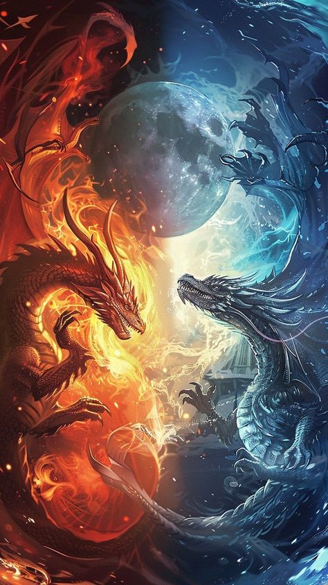 Fire dragon surrounded by flames, ice dragon surrounded by frost, warm colors for fire, cool colors for ice, dragons in dynamic poses, sun and moon in the background, Earth between them, style of a novel cover Dynamic Dragon Poses, Dragons Background, Neat Background, Fire And Ice Dragons, Dragon Background, Dragon Fantasy Art, Frost Dragon, Neat Drawings, Sun Dragon