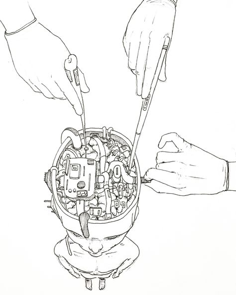 Exposed Brain Drawing, Surgery Drawing Art, Brain Surgery Aesthetic, Brain Drawing Creative, Technology Art Drawing, Tok Exhibition, Surgeon Drawing, Surgery Drawing, Brain Drawings