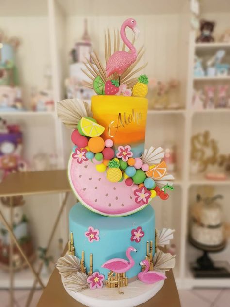 Tropical First Birthday Cake, Flamingo Birthday Party Cake, Aloha Cake, Tropical Birthday Cake, Summer Birthday Cake, Doodle Cake, Sculpted Cake, Tropical Cake, Hawaiian Cake