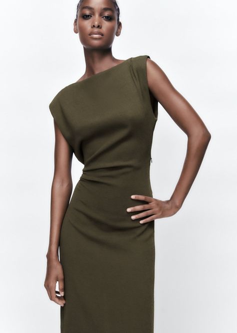 Zara Clothes, Boat Neck Midi Dress, Draped Midi Dress, Zara Midi Dress, Draped Midi Dresses, Olive Green Dresses, Halter Midi Dress, Cotton Midi Dress, Khaki Dress