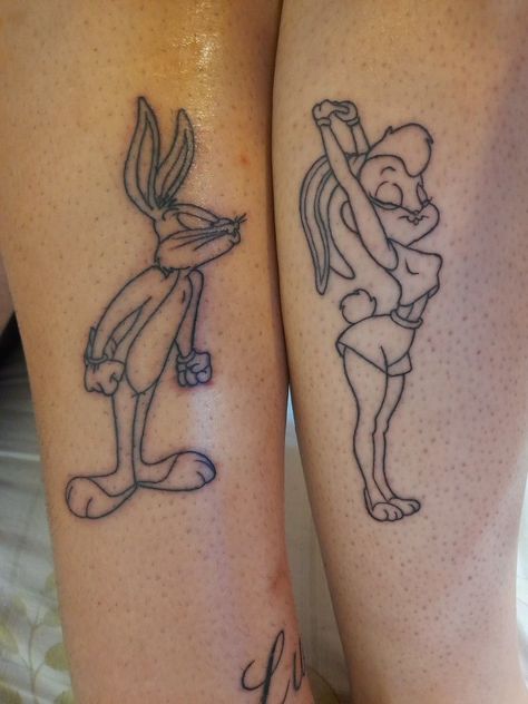 Lola And Bugs Tattoo, Bugs And Lola Tattoo, Cartoon Couple Tattoos, Matching Cartoon Tattoos, Lola Bunny Tattoo, Bugs Bunny Tattoo, Lola Tattoo, Lola And Bugs Bunny, Bugs And Lola