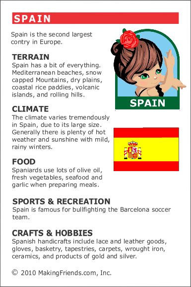 Spain Fact Card for your Girl Scout World Thinking Day or International celebration. Free printable available at MakingFriends.com. Fits perfectly in the World Thinking Passport, also available at MakingFriends.com Facts About Spain, Visit Spain, Around The World Theme, Country Studies, Girl Scout Activities, Country Facts, World Thinking Day, Spanish Speaking Countries, Spanish Culture