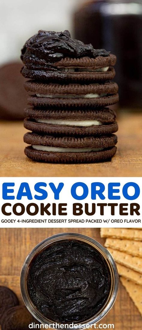 Oreo Cookie Butter is a chocolatey, gooey dessert spread perfect for gifting, an ice cream topping, or eating by the spoonful. #dessert #dessertspread #oreo #cookiebutter #icecream #topping #sweetbutter #dinnerthendessert Oreo Butter, Oreo Cookie Butter, Butter Spreads, Peanut Butter Sheet Cake, Dubai Chocolate, Oreo Treats, Biscoff Recipes, Cookies Halloween, Oreo Milkshake