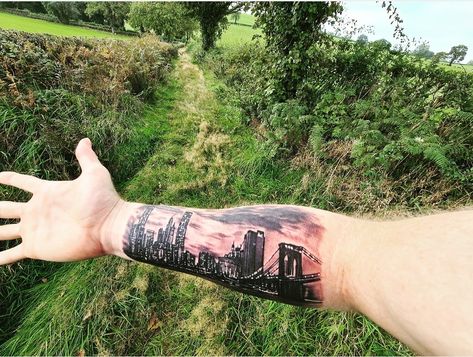 New York City Skyline Tattoo, City Skyline Tattoo, Baltimore Skyline, Skyline Tattoo, Forarm Tattoos, New York City Skyline, Brooklyn New York, City Skyline, Tattoos And Piercings