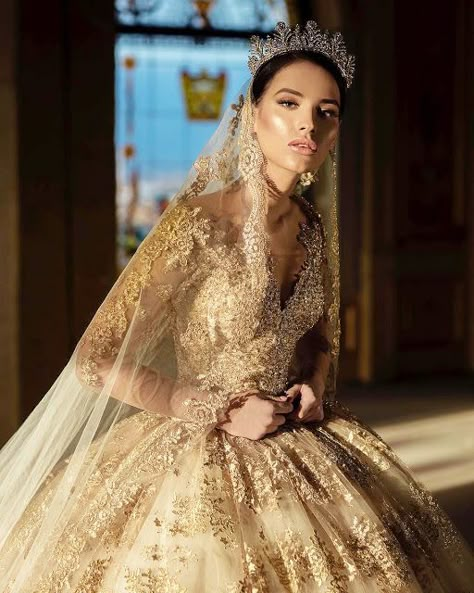 Gold and Glamorous | ZsaZsa Bellagio - Like No Other! #Bridal #HereComesTheBride #WeddingDress/#WeddingDresses #PassionForFashion #Fashion & #Beauty ~~ #PassionPorLaModa #ModaYBelleza Gold Wedding Gown, Gold Wedding Gowns, Glam Wedding Dress, Gold Wedding Dress, Quince Dresses, A Wedding Dress, Long Sleeve Wedding, Wedding Dress Inspiration, Wedding Dress Ideas