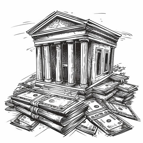 Hand drawn illustration of bank building with stacks of money Doodle style illustration Uk Notes Money, Money Stack Drawing, Money Doodle, Bank Drawing, Stacks Of Money, Bank Illustration, Stack Of Money, Money Illustration, Surrealism Drawing