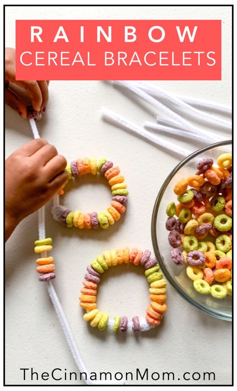 Cereal Bracelet Craft, Cheerio Arts And Crafts, Cereal Necklaces For Kids, Cheerios Necklace Activity, Cereal Crafts, Easy Preschool Snacks, Inclusion Activities, Nanny Ideas, Rainbow Snacks