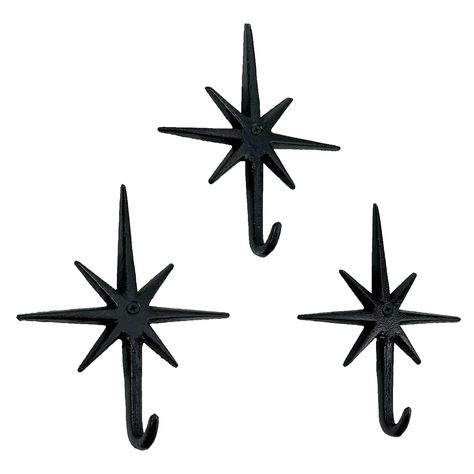 Arrives by Wed, Jan 31 Buy Zeckos Set of 3 Black Finish Cast Iron Atomic Starburst Wall Hooks - Black - Size 1.25 inch Projection at Walmart.com Wall Hanging Rack, 8 Point Star, Atomic Decor, Star Decor, Hanging Hats, Starburst Design, Atomic Starburst, Hanging Rack, Pet Leashes