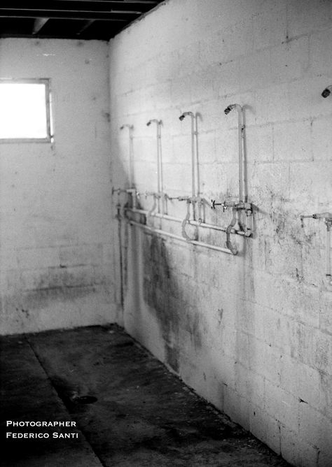 Open showers in Migrant Labor Camp communal bathroom in South Florida. The year is 1969. Photo by Photojournalist and VISTA Volunteer Federico Santi Communal Bathroom, Pompano Beach Florida, Open Showers, Labor Camp, Pompano Beach, South Florida, Labor, The Year, Florida