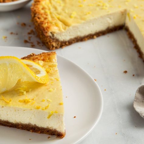 This tofu cheesecake benefits from zippy lemon and a surprising ingredient – tahini or almond butter – to add silky body to the filling Vegan Tofu Cheesecake, Lemon Tofu, Silken Tofu Recipes, Lemon Baking, Tofu Cheesecake, Tofu Dessert, Light Cheesecake, Tofu Pudding, Vegan Cheesecake Recipe