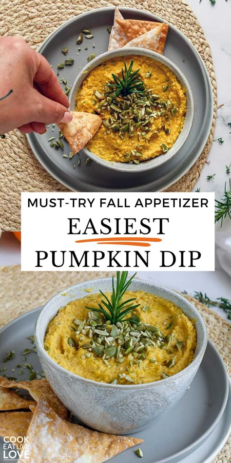 Looking for the best fall appetizer or savory snack? You must try this Savory Pumpkin Dip with Chickpeas and Wonton Crackers! This creamy and flavorful pumpkin recipe is perfect for impressing guests with its rich, autumnal taste. Quick to whip up and full of seasonal flavor, it's the perfect cozy fall snack or appetizer for your festive gatherings or dinner party. #fallappetizers #pumpkindip #fallrecipes Savory Pumpkin Dip Recipes, Pumpkin Dip Savory, Vegan Fall Appetizers For Party, Savory Pumpkin Appetizers, Pumpkin Shaped Appetizers, Savory Pumpkin Dip, Halloween Dip Recipes, Appetizer Recipes Fall, Chickpea Appetizer