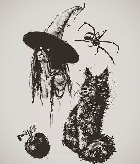 Witches And Cats, Occult Tattoo, Rune Tattoo, Art Witch, Witch Tattoo, Desenho Tattoo, Dark Tattoo, Tattoo Flash Art, Sketch Illustration