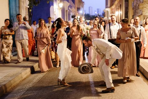 Traditional dancing on the streets after a Cartagena Colombia Wedding | The Stewarts Roam Photography Colombian Wedding, Bride And Groom Dance, Colombia Wedding, Dance Film, Travel Couples, Music Ideas, Commitment Ceremony, Ceremony Music, Grace Loves Lace