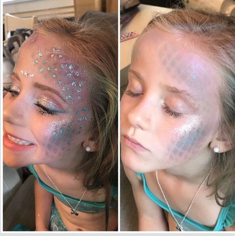 Mermaid Fishnet Makeup, Mermaid Kids Makeup, Mermaid Fishnets, Under The Sea Family Costumes, Mermaid Makeup Kids, Kids Mermaid Makeup, Mermaid Makeup For Kids, Mermaid Theme Outfit, Mermaid Costume Makeup