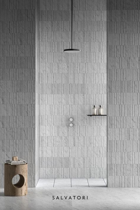 Wall texture of white marble with vertical relief pattern Textured Shower Tile, Finger Tiles, Shower Tray Design, Hole In Wall, Cleaning Stone, Marble Showers, Bathroom Collections, Natural Stone Tile, Rain Shower Head