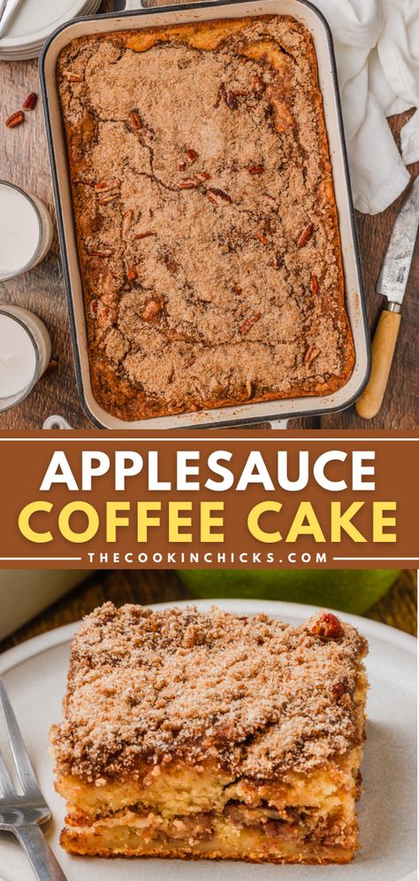 This easy Applesauce Coffee Cake is perfectly moist, flavorful, and includes a cinnamon streusel that just can’t be beat! Perfect to enjoy with your morning coffee, with brunch, or an anytime treat! Applesauce Coffee Cake, Fall Breakfast Ideas, Christmas Brunch Menu, Easy Applesauce, Cinnamon Streusel Topping, Best Apple Recipes, The Cookin Chicks, Apple Coffee, Coffee Cake Recipes Easy