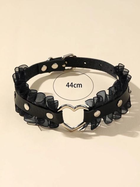 Heart & Studded Decor Ruffle Trim Choker | SHEIN USA Anime Collar, Leather Choker Collars, Womens Chokers, New Rock, Leather Chokers, Watches Women Fashion, Choker Collar, Yellow Gold Earring, Really Cute Outfits