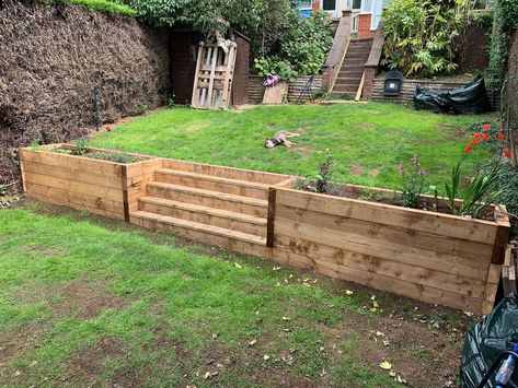 Retaining Sleeper Wall, Raised Bed Retaining Wall, Oak Sleeper Retaining Wall, Sleeper Wall Garden, Sleeper Steps Garden, Garden Bed Retaining Wall, Retaining Wall Garden Bed, Garden Railway Sleepers, Sleepers Garden Ideas