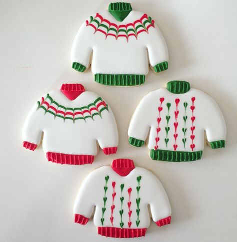 Cookie Sweater Decorating, Ugly Sweater Decorated Cookies, Sweater Royal Icing Cookies, Ugly Sweater Christmas Cookies, Sugar Cookie Stocking Decorating Ideas, Ugly Christmas Sweater Cookies Decorated, Ugly Sweater Sugar Cookies, Christmas Sweater Cookies Decorated, Ugly Sweater Cookies Decorated