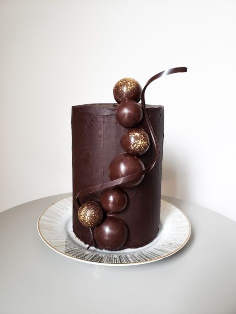 Chocolate fudge cake with tempered chocolate spheres and twist Chocolate Sphere Cake, Cake Spheres, Chocolate Cake Decoration Elegant, Sphere Cake, Chocolate Sphere, Tempered Chocolate, Chocolate Cake Designs, Chocolate Balls, Bad Gyal