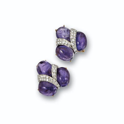 (#3) Pair of amethyst and diamond earclips