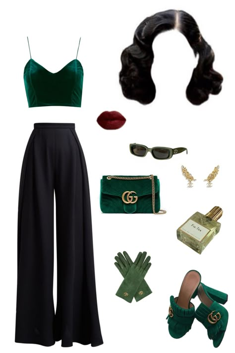 Black And Emerald Green Outfit, Green And Black Outfits For Women, Christmas Gala Outfit, Slytherin Party Outfit, Emerald Green Outfit Ideas, Gala Outfit, Swag Outfits For Girls, Green Outfit, Curvy Girl Outfits