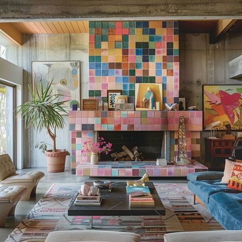 The Art of Colorful Expression: Designing with Tiles and Patterns — Living Bright Interiors Colorful Contemporary Interior Design, Variety In Interior Design, Colour Saturation Interior, Textile Interior Design, Fun Interior Design Creative, Bright Color Interior Design, Colorful Fireplace, Colourful Interior Design, Desert Cabin