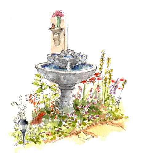 Magical Garden Drawing, Backyard Sketch, Garden Sketch Drawing, Watercolor Fountain, Fountain Sketch, Backyard Drawing, Fountain Drawing, Watercolor Bujo, Garden Sketches