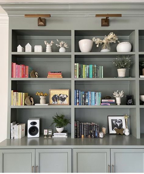 Sage Green Bookshelf, Bookshelf Styling Aesthetic, Billy Bookcase Wall, Bar Bookshelf, Bookshelf Styling Living Room, Green Bookshelves, 1930s House Interior, Built In Ideas, Elsie Larson