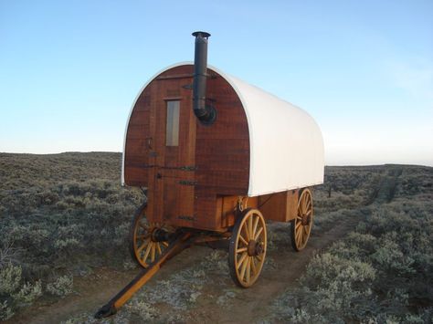 How could we turn this sheep camp into a crib? Sheepherders Wagon, Sheep Wagon, Unusual Houses, Storage For Clothes, Camp Trailers, Small Stove, Tiny House Blog, Box Window, Old Wagons