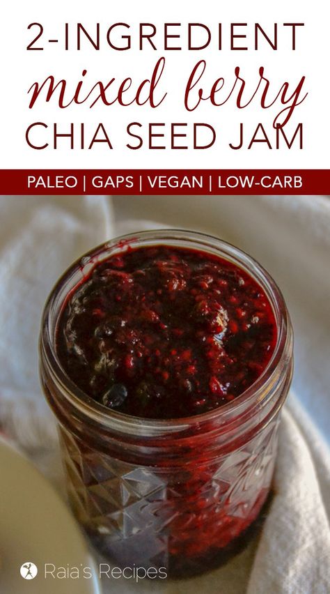 2-ingredient Mixed Berry Chia Seed Jam :: paleo, GAPS, vegan, low-carb Chia Seed Jelly Recipe, Mixed Berry Chia Seed Pudding, Berry Chia Jam, Chia Berry Jam, Chia Seed Jelly, Chia Seed Jam Sugar Free, Chia Jelly, Jam With Chia Seeds, Keto Jam