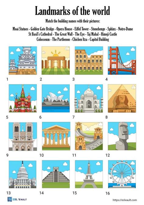 world landmark worksheets Around The World Worksheets, Geography Printables, Landmarks Around The World, World Landmarks, Geography Worksheets, St Basils Cathedral, Language Classroom, Matching Worksheets, Subject And Predicate