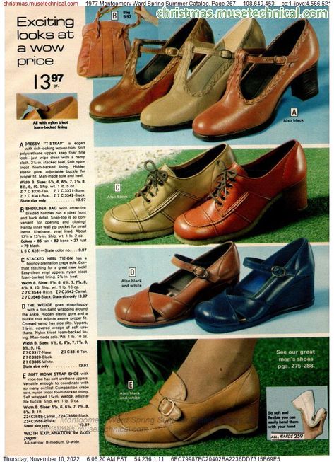 1977 Montgomery Ward Spring Summer Catalog, Page 267 - Catalogs & Wishbooks 1970s Shoes, 70s Shoes, T Strap Shoes, 60s And 70s Fashion, 1970s Style, 70’s Fashion, Montgomery Ward, Christmas Catalogs, Century Clothing