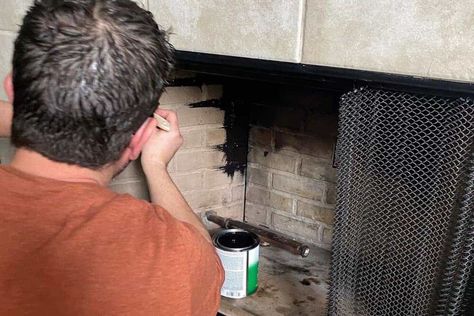 Painting Inside Fireplace Black, Painting The Inside Of A Fireplace, Painting Inside Of Fireplace, Paint Inside Fireplace, Inside Fireplace, Fireplace Box, High Heat Paint, How To Clean Brick, Fireplace Redo