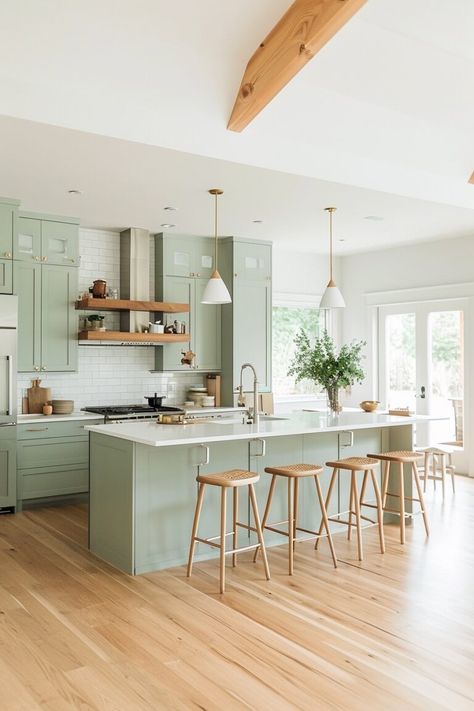 50+ Sage Green Kitchen Cabinet Inspirations to Transform your Home - Days Inspired Green Kitchen Cabinet, Light Green Kitchen, Sage Kitchen, Kitchen Cabinet Inspiration, Cabinet Inspiration, Sage Green Kitchen, Green Kitchen Cabinets, Beach House Kitchens, House Design Kitchen