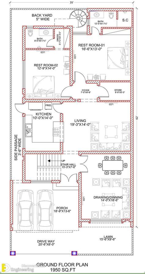 35 X 70 House Plans Layout, 35x70 House Plans, 35x65 House Plans, Home Plan Ideas, 10 Marla House Plan, Home Blueprints, Home Map Design, 30x50 House Plans, Drawing House Plans