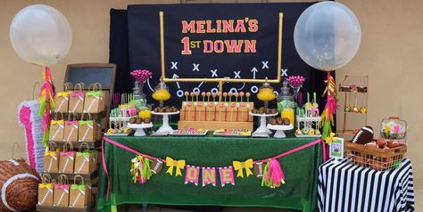 Melina's First Down Birthday Party | CatchMyParty.com Tutus And Touchdowns Birthday Party, Pretty In Pink Football Party, Girl Football Birthday Party, Nfl First Birthday Party, 49ers Birthday Party, Its My Birthday Football Sign, Football Theme Birthday, Football First Birthday, Football Theme Party