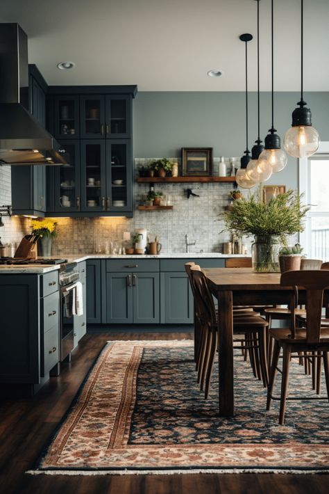 Small Moody Kitchen, Moody Farmhouse Kitchen, Dark Kitchen Table, Dark Kitchen Decor, Modern Kitchen Dark, Dark Moody Kitchen, Moody Homes, Maine Kitchen, Kitchen Color Scheme