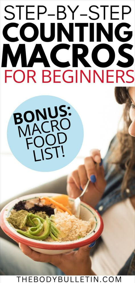 An informative graphic explaining counting macros for beginners, including the basics of macro nutrition, how to use a macros diet for fat loss, and a counting macros food list to help you achieve your fitness goals. Healthy Carbs For Macros, Understanding Macros Diet, How To Start Counting Macros, Eating For Macros, Easy Macro Counting, How To Count Macros For Fat Loss, Protein Macros Chart, Macro Carbs List, What Are Macros Clean Eating