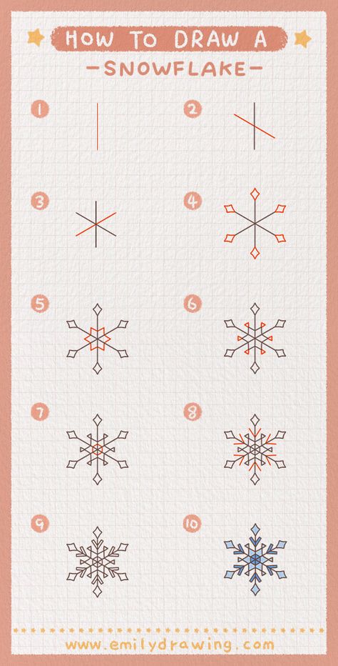 Snow Flakes Drawing Simple, Winter Designs Drawing, Draw Snowflakes Simple, Draw A Snowflake, Christmas Snowflakes Drawing, How To Draw Winter Things, Snowflake Line Drawing, How To Draw A Snowflake Easy, Snowflake Drawings