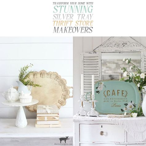 Discover the magic of silver tray thrift store makeovers with these charming DIY projects! Get inspired to transform your home decor today. Chalkboard Serving Trays, Romantic Table Decor, Silver Serving Trays, Bunny Napkins, Cottage Market, Romantic Table, Creative Tutorials, Decoupage Furniture, Silver Trays